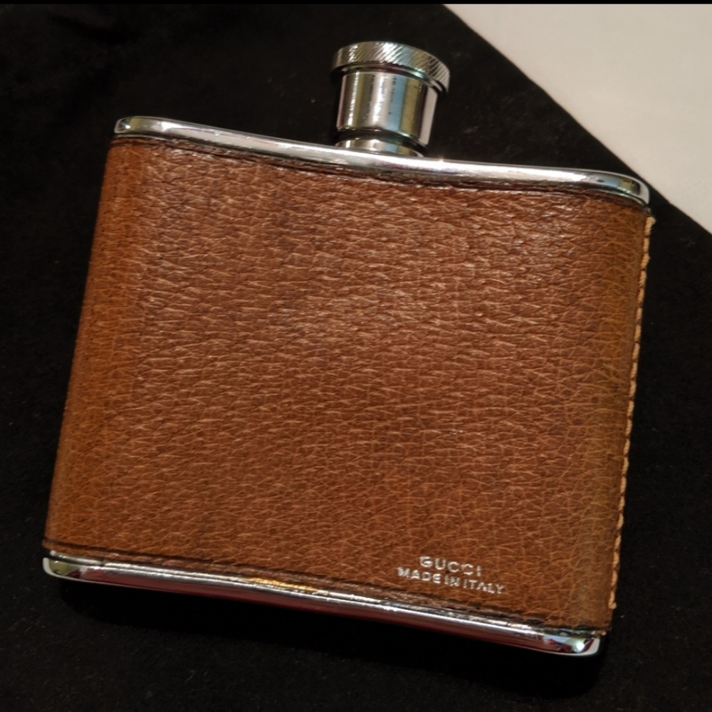 GUCCI Rare Embossed Leather & Silver Flask Italy - Picture 2 of 8